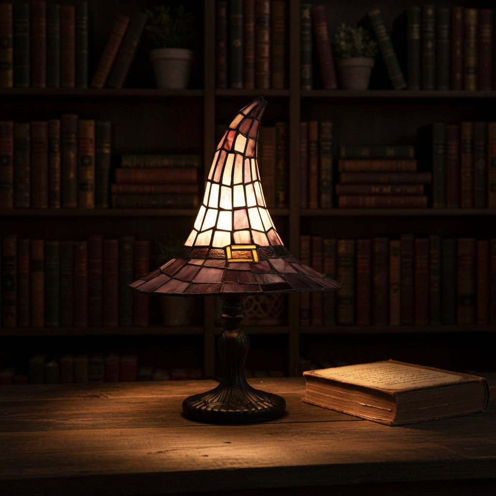 Enchanting Stained Glass Table Lamp with Witch Hat Design