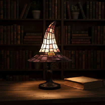 Enchanting Stained Glass Table Lamp with Witch Hat Design