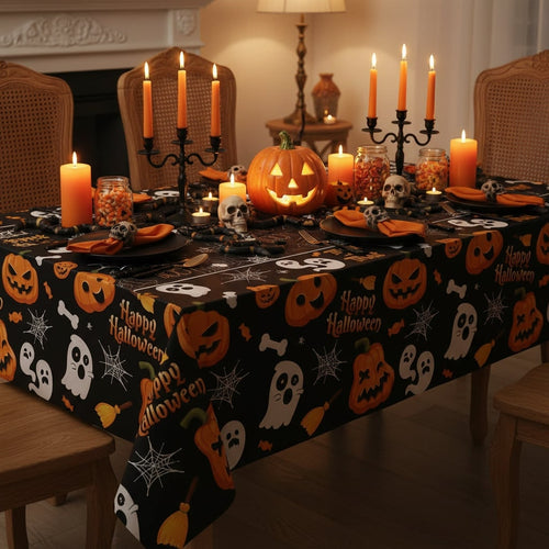 Festive Halloween Table Cover with Ghosts and Pumpkins Design