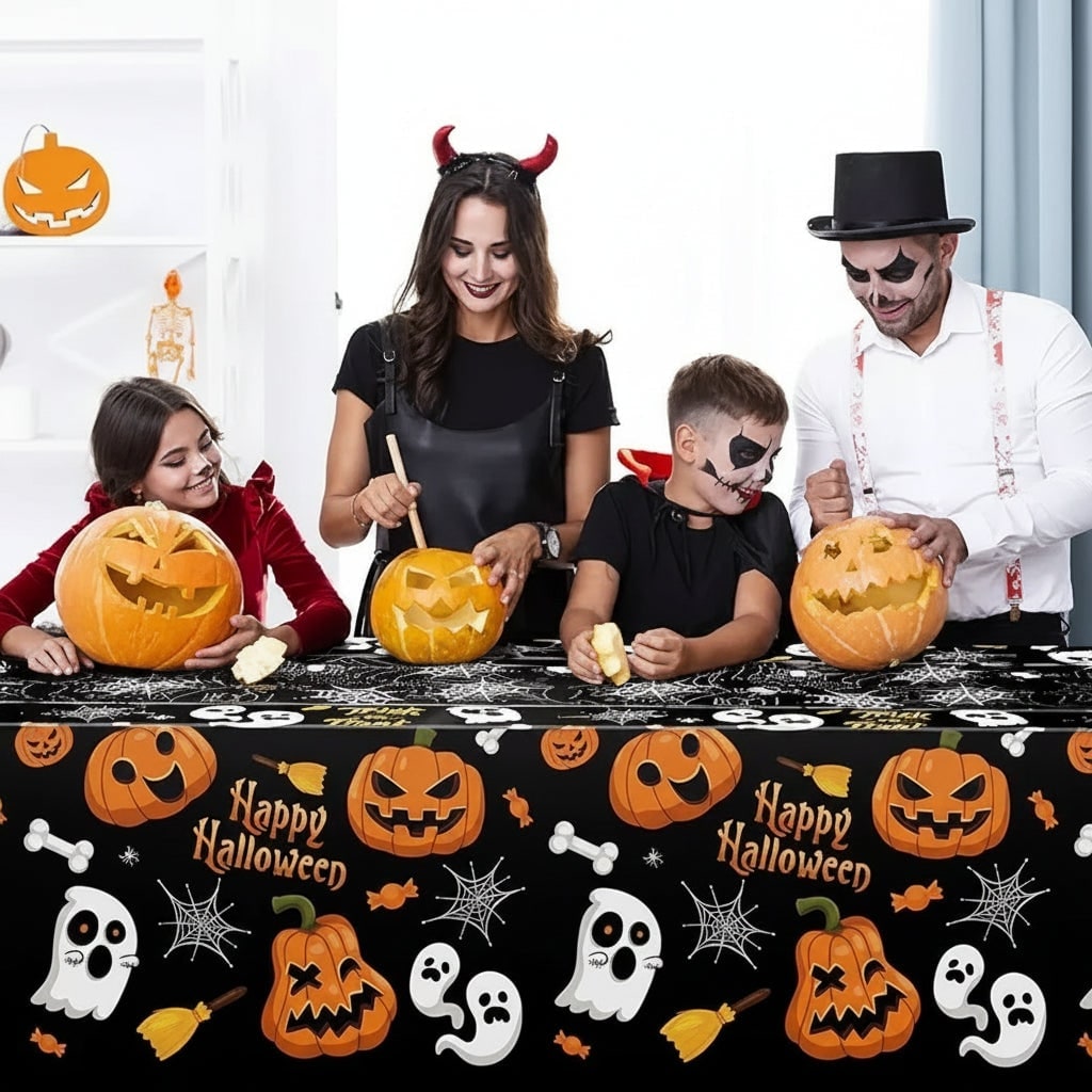 Festive Halloween Table Cover with Ghosts and Pumpkins Design