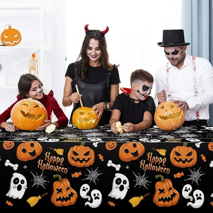 Festive Halloween Table Cover with Ghosts and Pumpkins Design