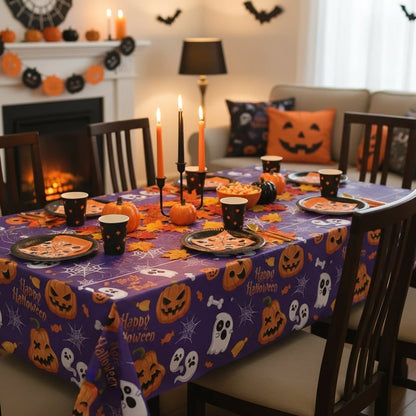 Festive Halloween Table Cover with Ghosts and Pumpkins Design