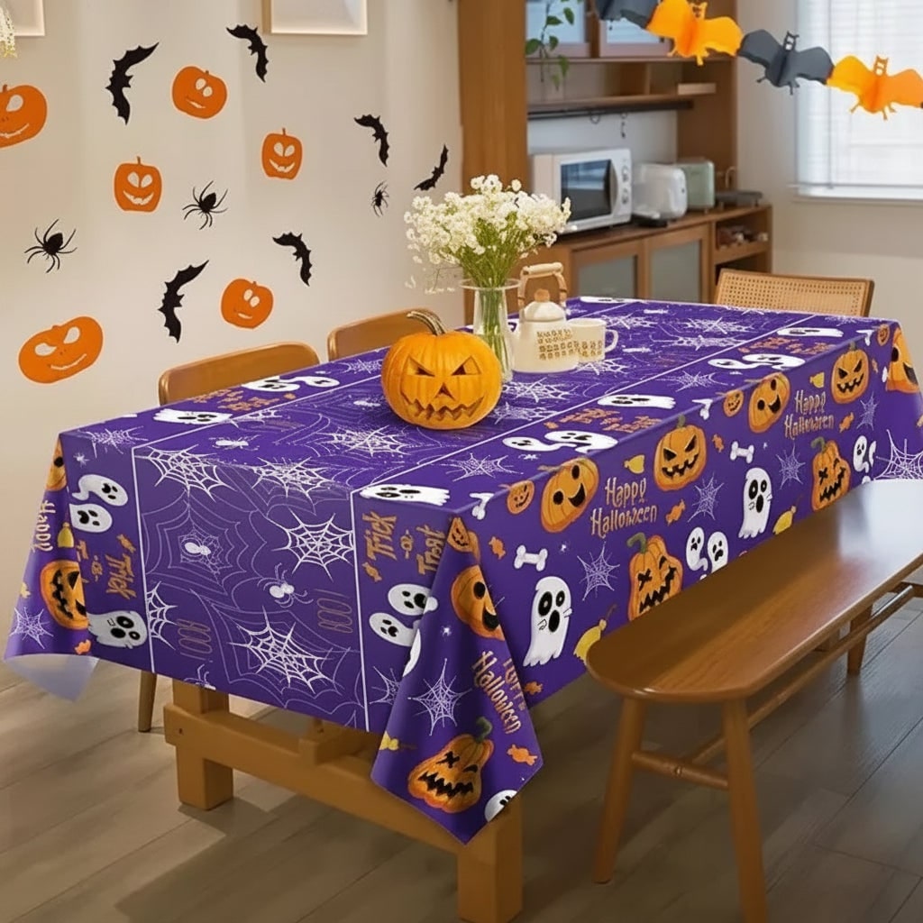 Festive Halloween Table Cover with Ghosts and Pumpkins Design