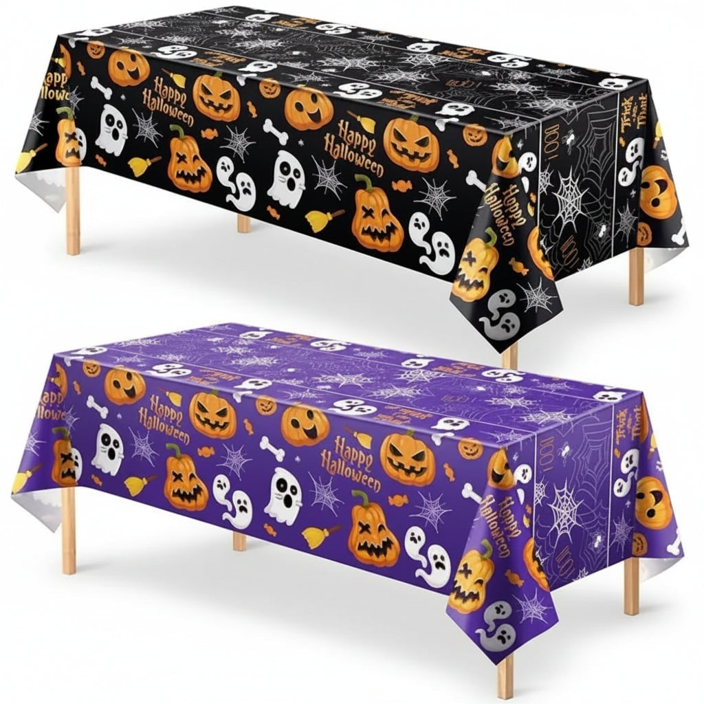 Festive Halloween Table Cover with Ghosts and Pumpkins Design
