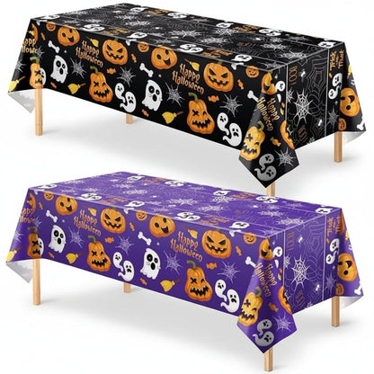 Festive Halloween Table Cover with Ghosts and Pumpkins Design