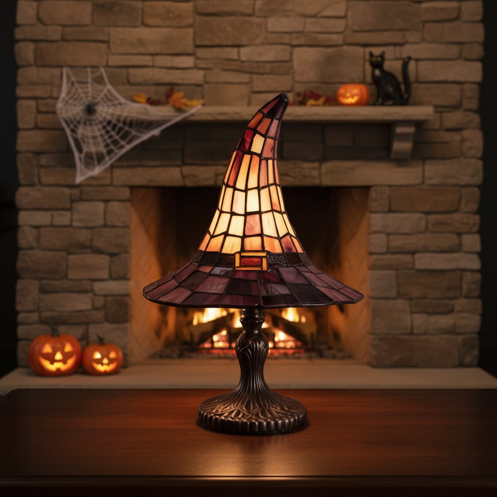 Enchanting Stained Glass Witch Hat Lamp for Halloween Decor