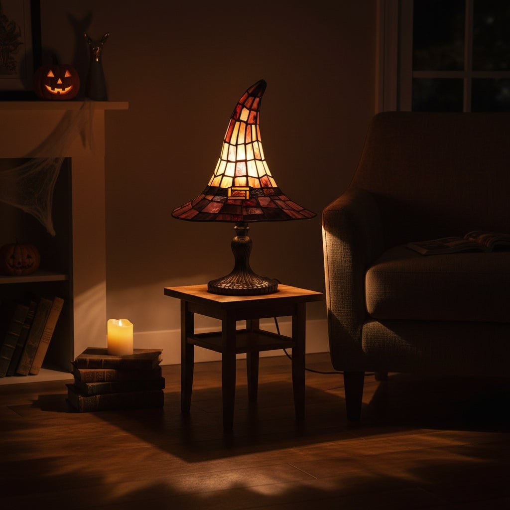 Enchanting Stained Glass Witch Hat Lamps - Set of 2 for Halloween