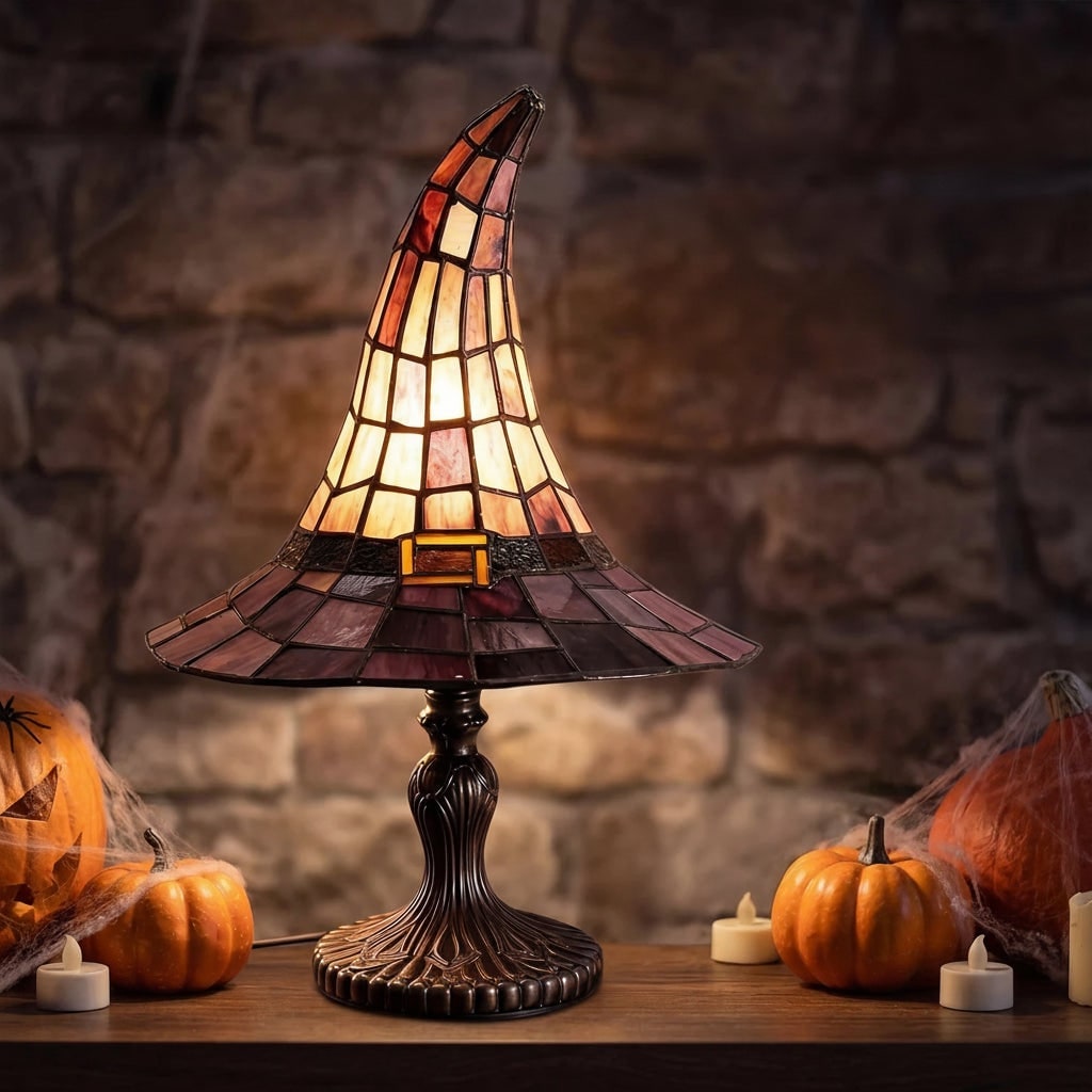 Enchanting Stained Glass Witch Hat Lamps - Set of 2 for Halloween