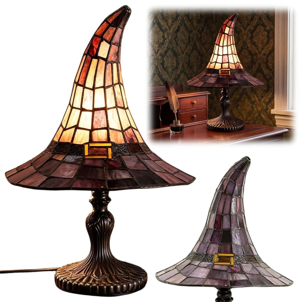Enchanting Stained Glass Witch Hat Lamps - Set of 2 for Halloween