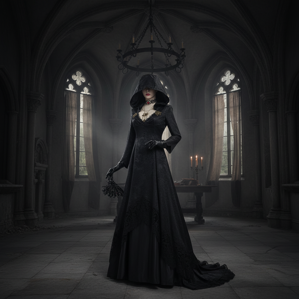 Enchanting Gothic Vampire Dress with Choker and Gloves