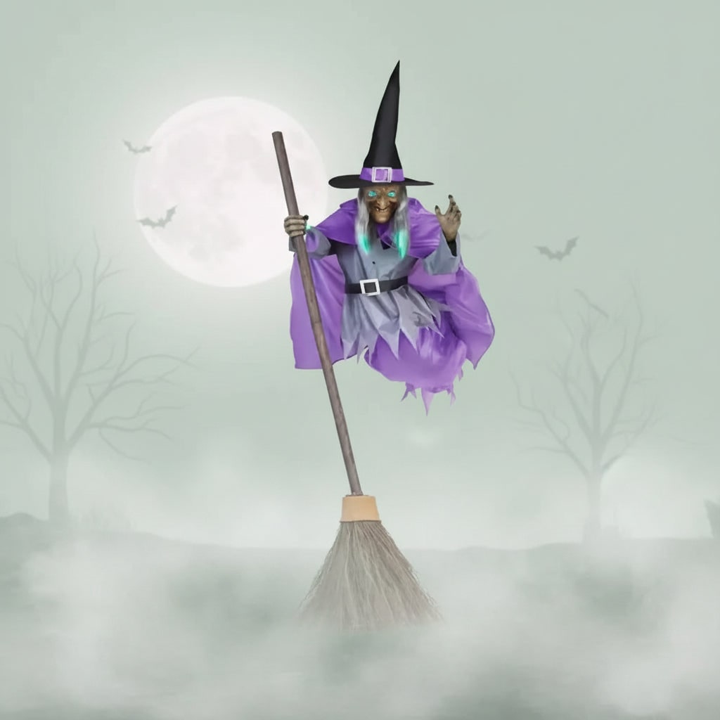 Lifesize Enchanted Witch with Glowing Eyes and Broomstick