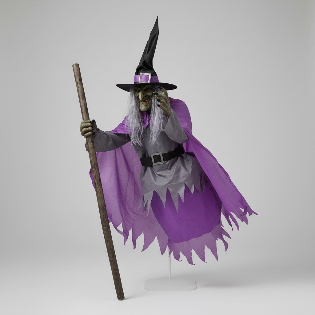 Lifesize Enchanted Witch with Glowing Eyes and Broomstick