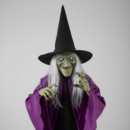 Lifesize Enchanted Witch with Glowing Eyes and Broomstick