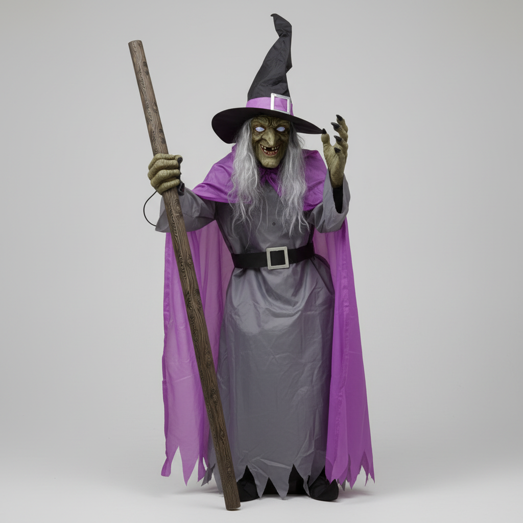 Lifesize Enchanted Witch with Glowing Eyes and Broomstick