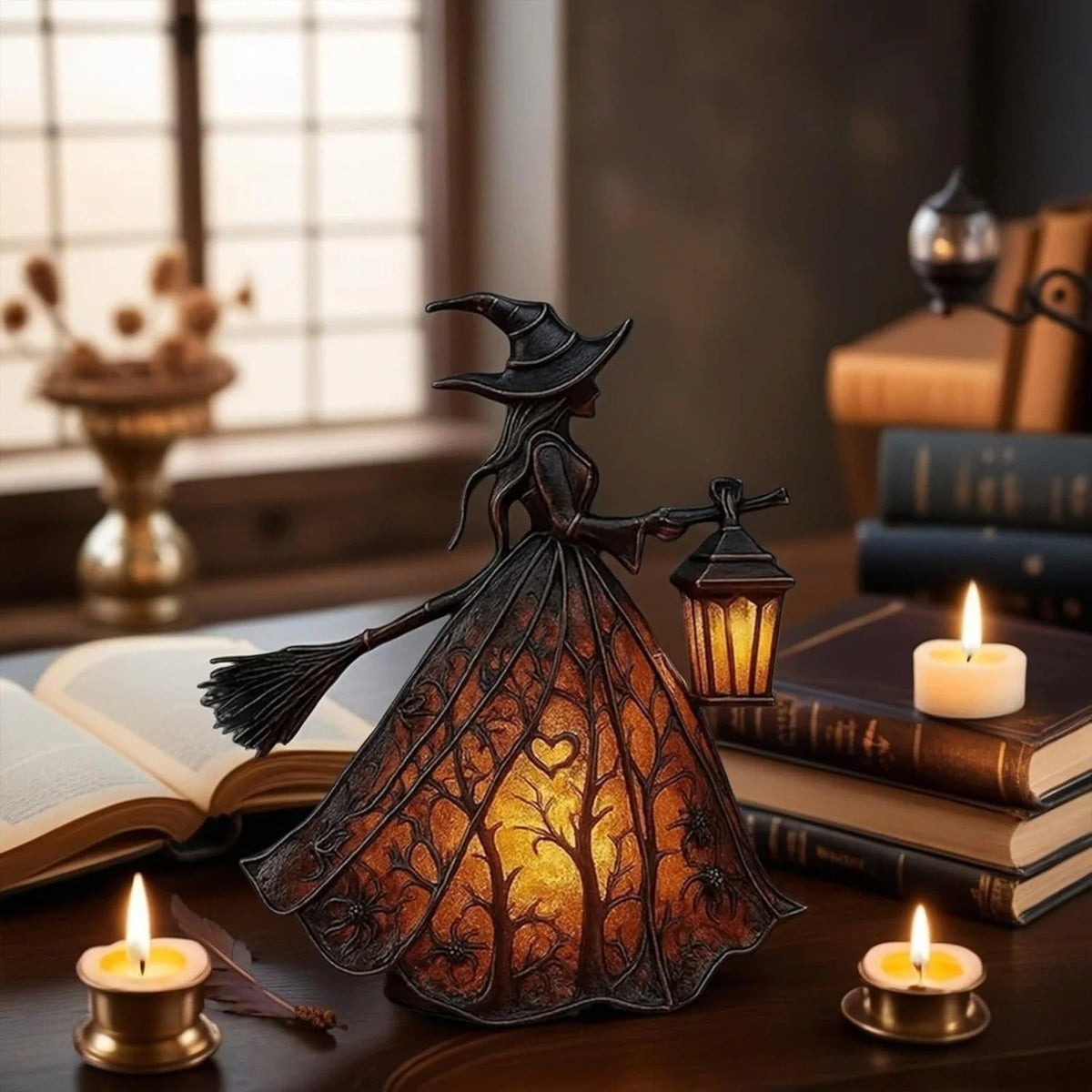 Enchanting Witch Figurine with LED Lantern for Spooky Vibes