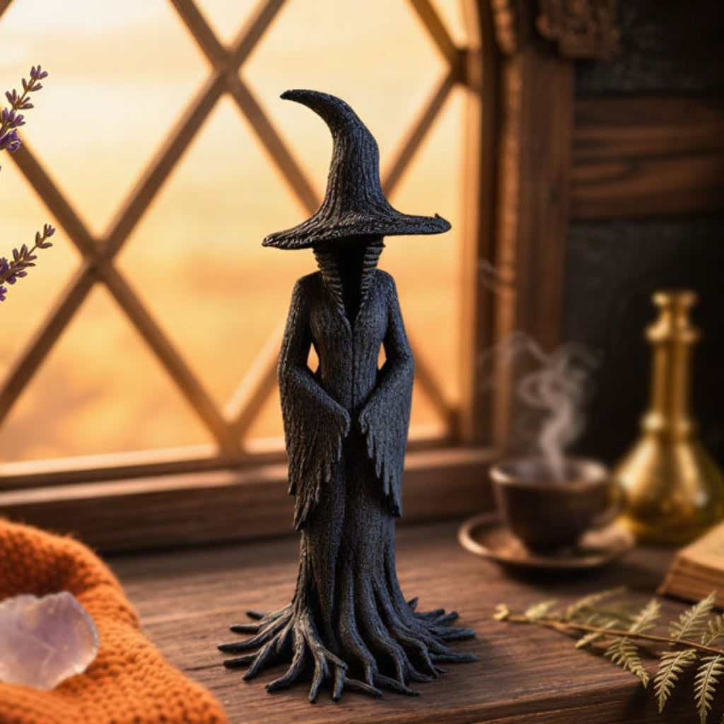 Enchanting Witch Figurine with Rooted Base for Halloween Decor