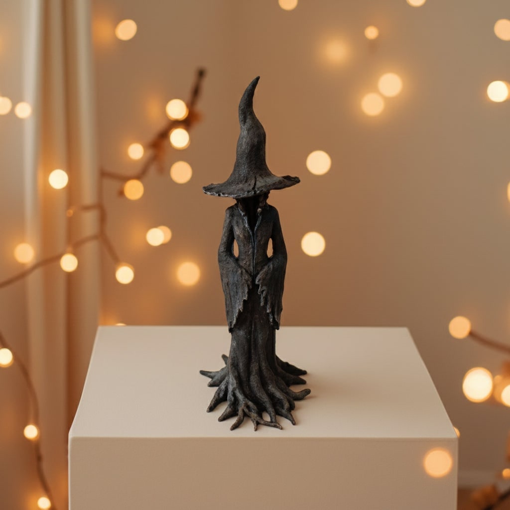 Enchanting Witch Figurine with Rooted Base for Halloween Decor