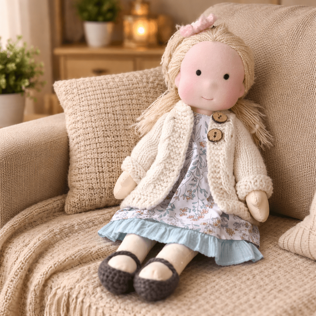 Artisan-Made Cotton Doll 11 inches with Hand-Knitted Outfit