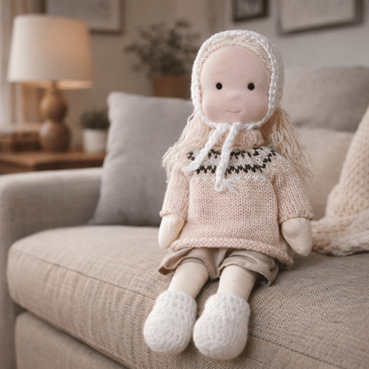 Artisan-Made Cotton Doll 11 inches with Hand-Knitted Outfit