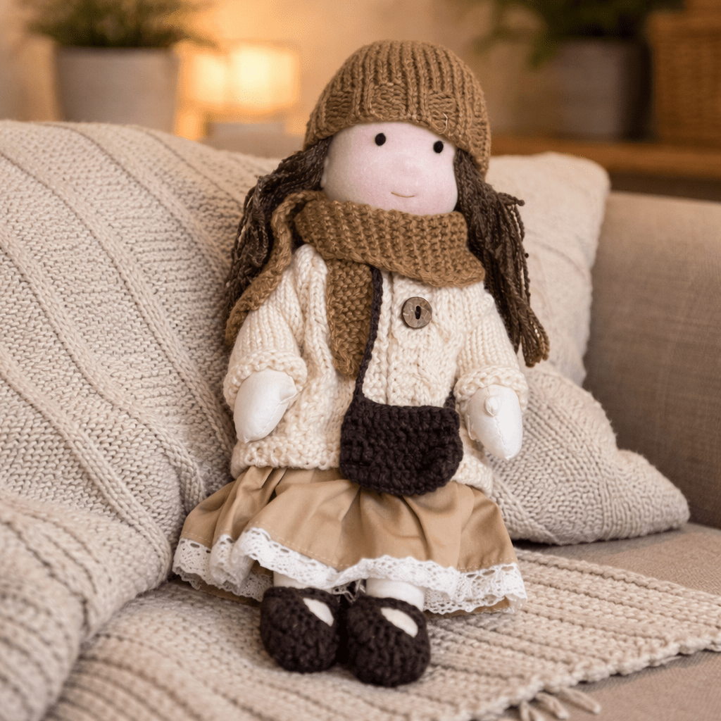 Artisan-Made Cotton Doll 11 inches with Hand-Knitted Outfit