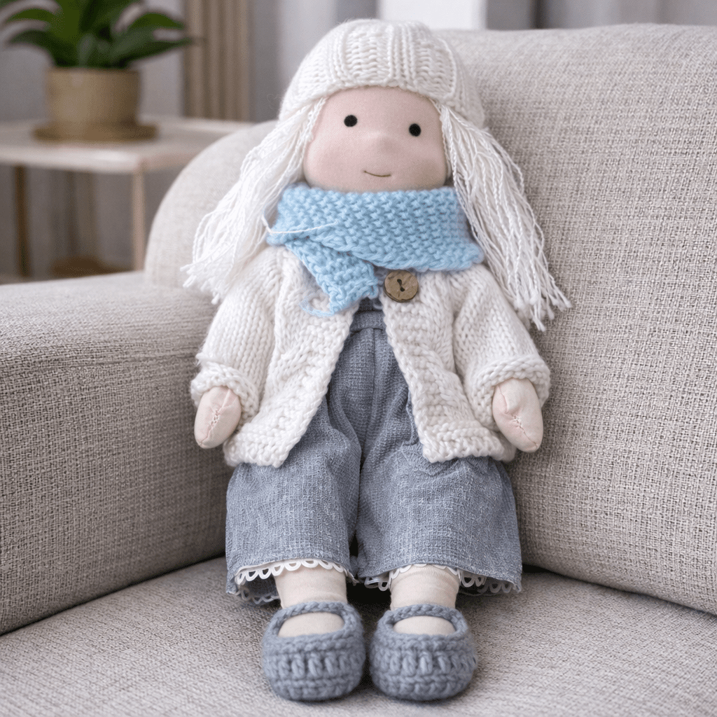 Artisan-Made Cotton Doll 11 inches with Hand-Knitted Outfit