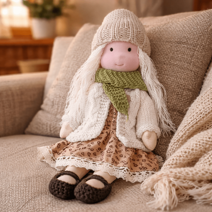 Artisan-Made Cotton Doll 11 inches with Hand-Knitted Outfit