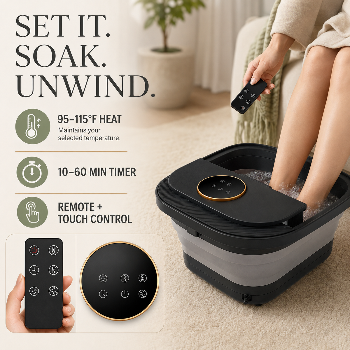 Foot Soaking Tub with Bubbles, Heat Control, Remote & Pedicure Set