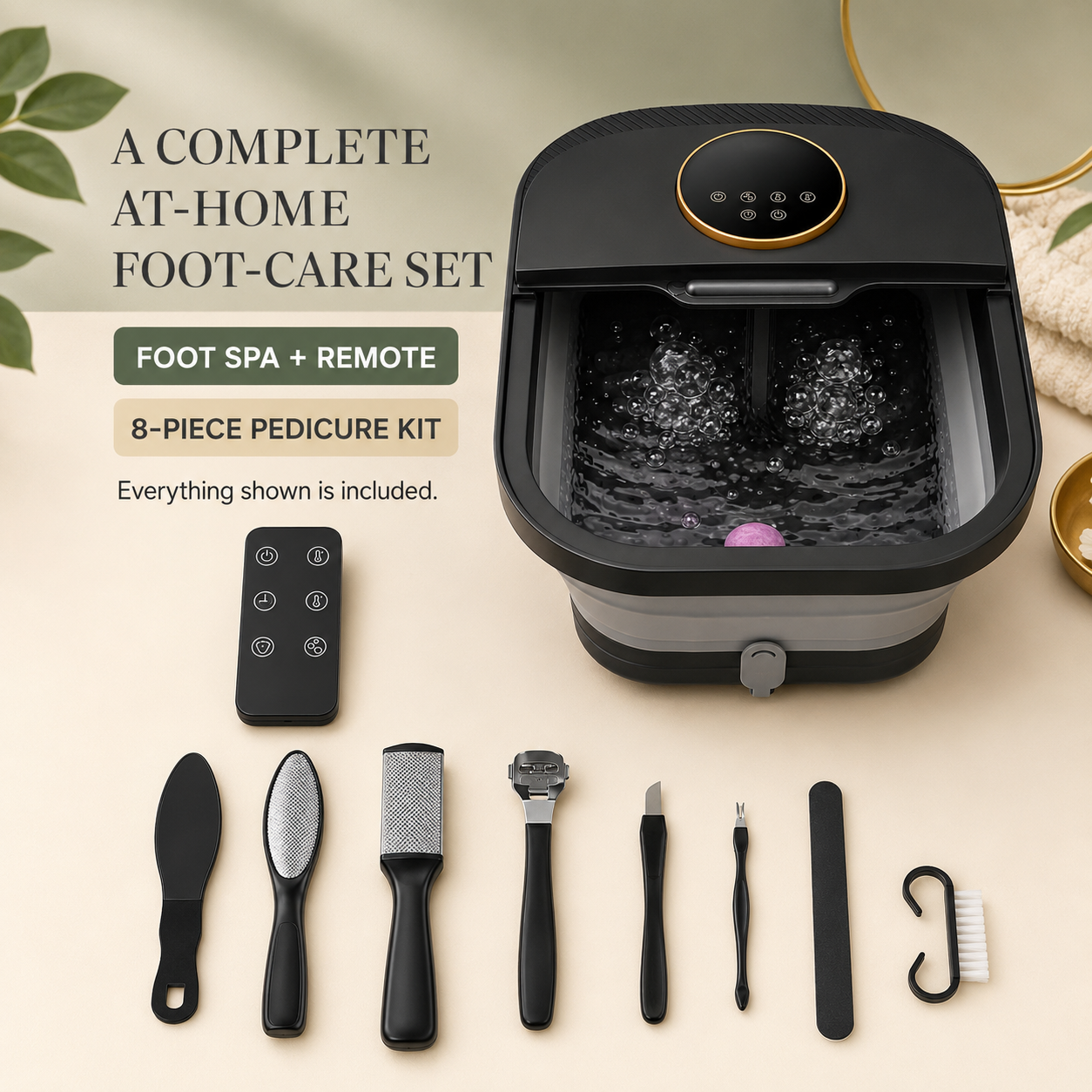 Foot Soaking Tub with Bubbles, Heat Control, Remote & Pedicure Set