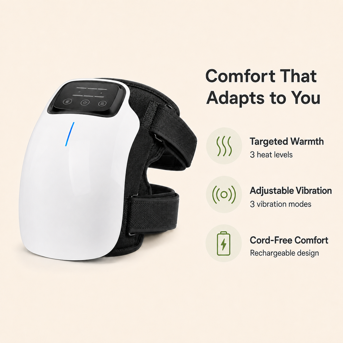 Heated Cordless Knee Massager with Vibration – 3 Heat Settings, 3 Massage Modes, 3000mAh Battery, Adjustable Wrap for Knee, Elbow, Shoulder