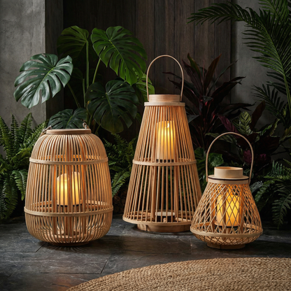 Outdoor and Tabletop Rattan Lantern with Flameless Candle
