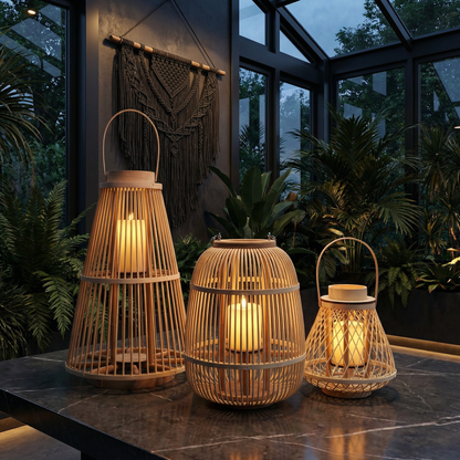 Outdoor and Tabletop Rattan Lantern with Flameless Candle