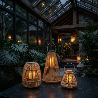 Outdoor and Tabletop Rattan Lantern with Flameless Candle