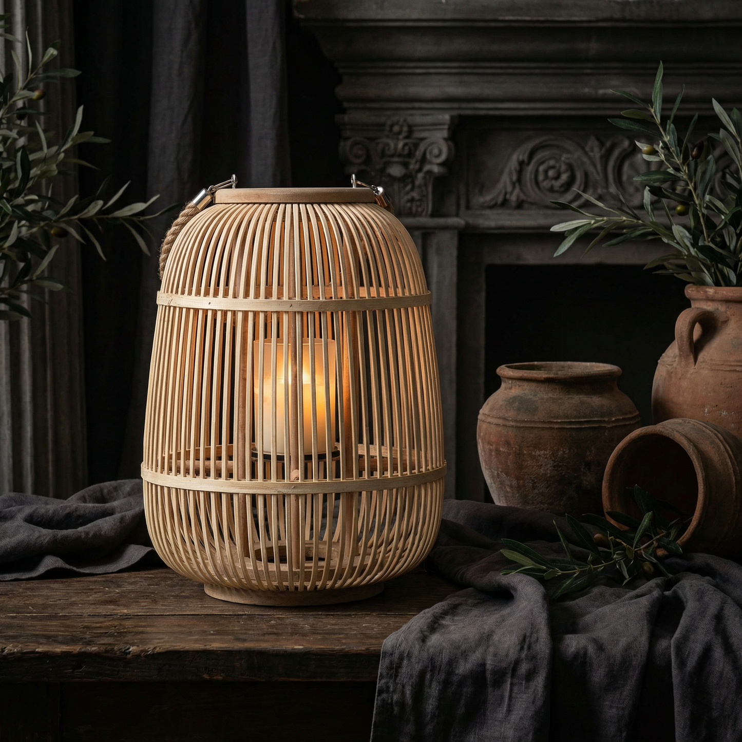 Outdoor and Tabletop Rattan Lantern with Flameless Candle