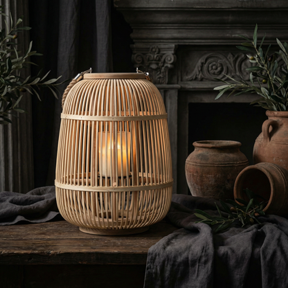 Outdoor and Tabletop Rattan Lantern with Flameless Candle