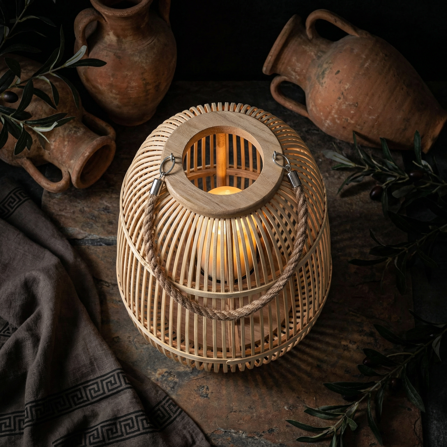 Outdoor and Tabletop Rattan Lantern with Flameless Candle