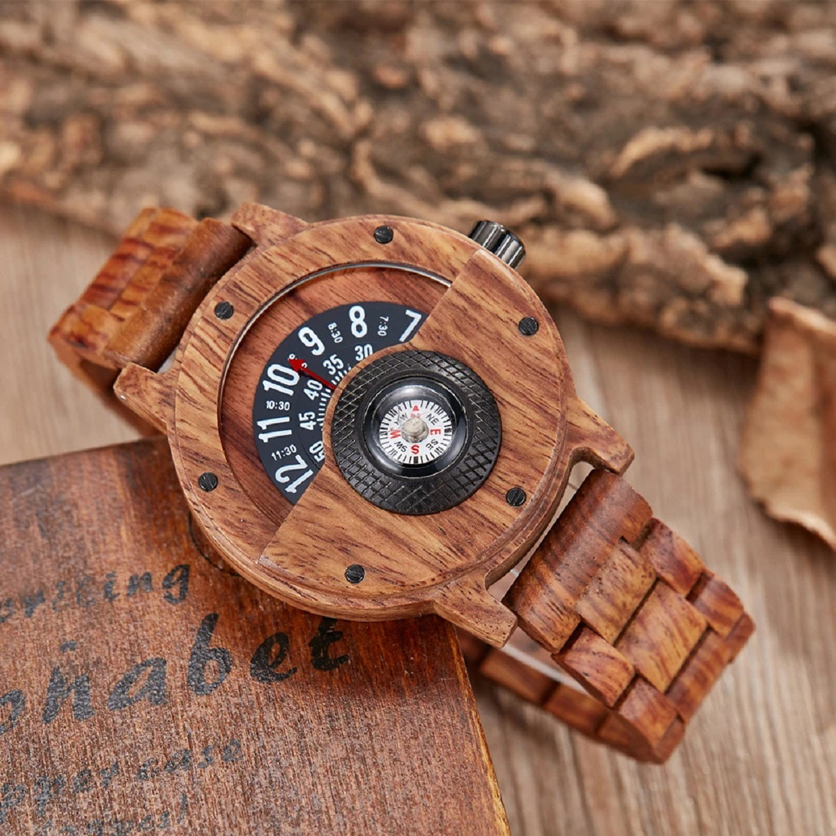 Men's Wooden Watch with Turntable Compass - Genuine Walnut and Ebony