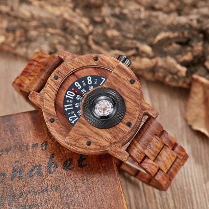 Men's Wooden Watch with Turntable Compass - Genuine Walnut and Ebony