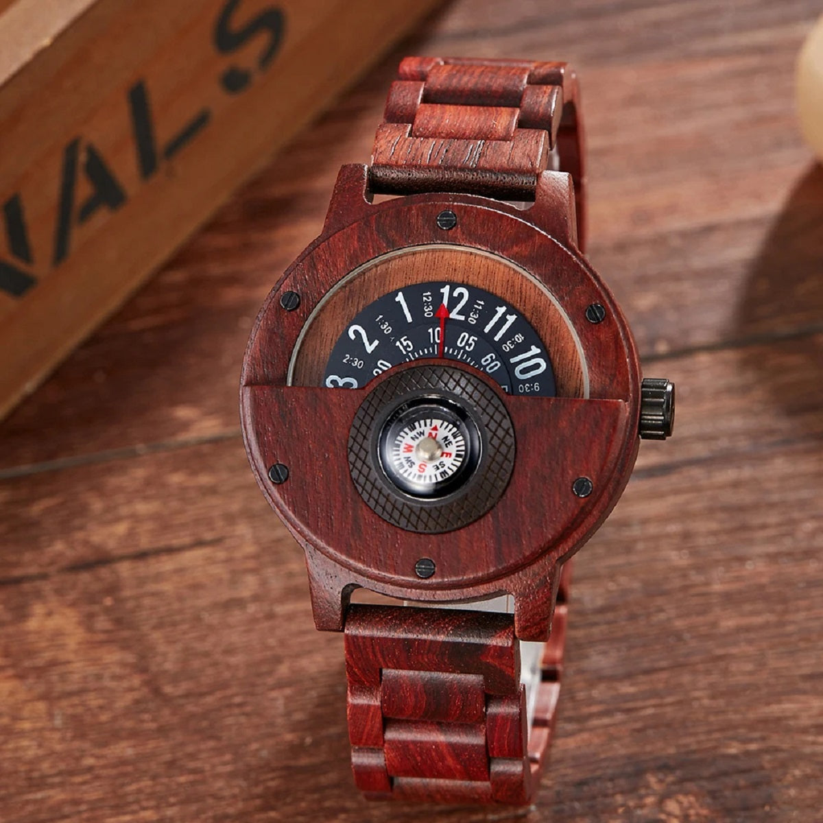 Men's Wooden Watch with Turntable Compass - Genuine Walnut and Ebony