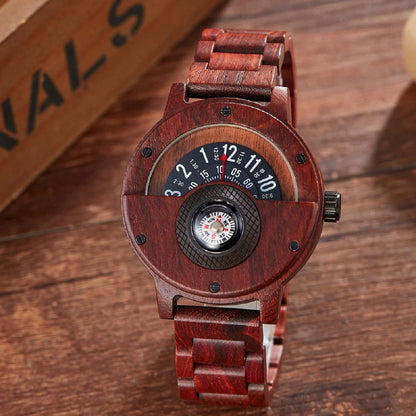 Men's Wooden Watch with Turntable Compass - Genuine Walnut and Ebony