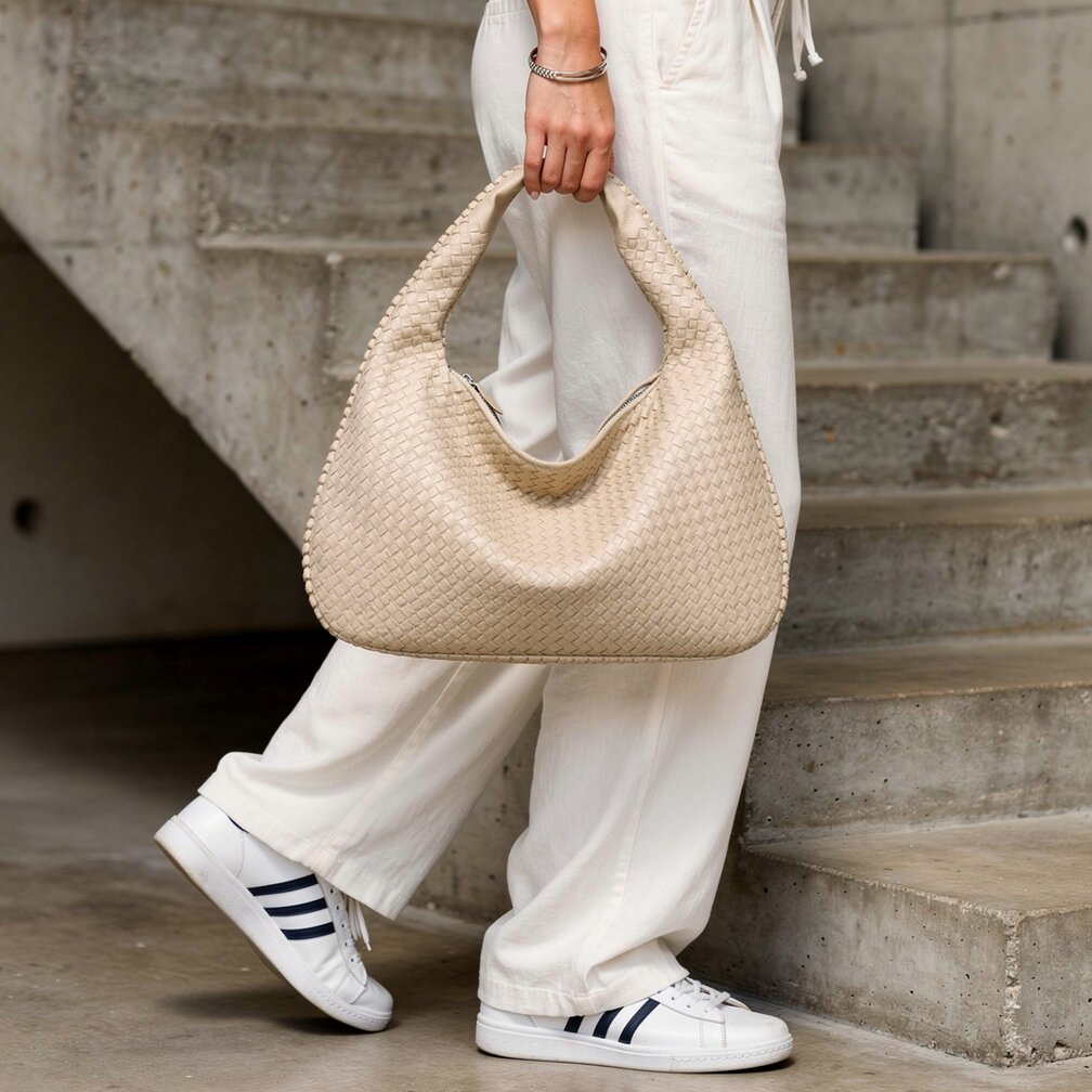 Chic Braided Leather Shoulder Bag with Secure Zip Closure