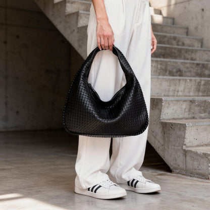 Chic Braided Leather Shoulder Bag with Secure Zip Closure