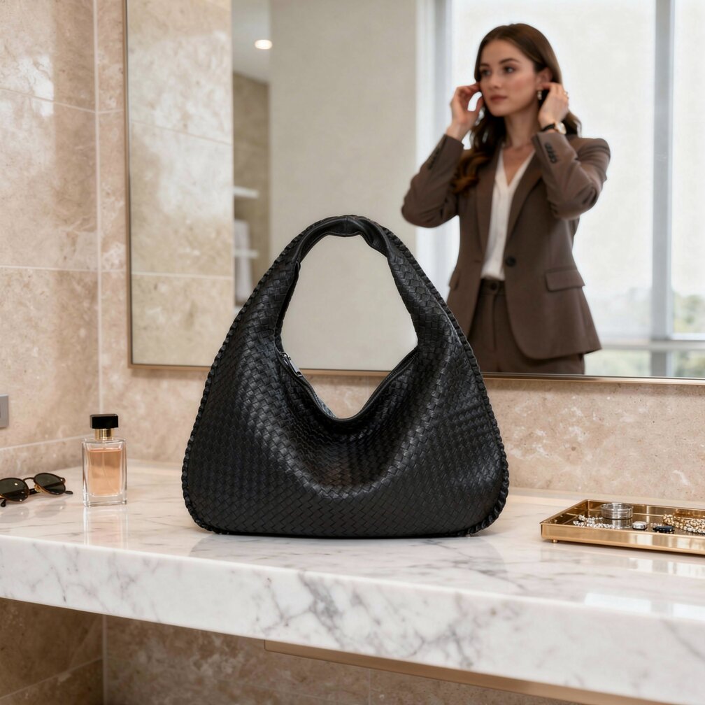 Chic Braided Leather Shoulder Bag with Secure Zip Closure