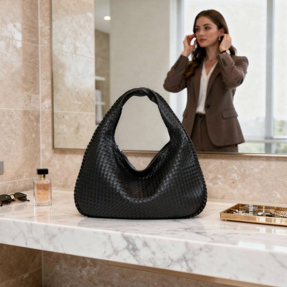 Chic Braided Leather Shoulder Bag with Secure Zip Closure