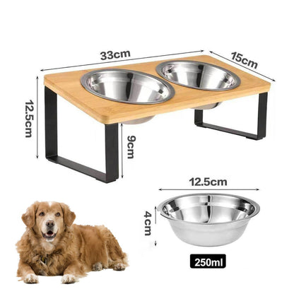 Dog Food Bowl Set with Bamboo Stand and Removable Stainless Steel Dishes
