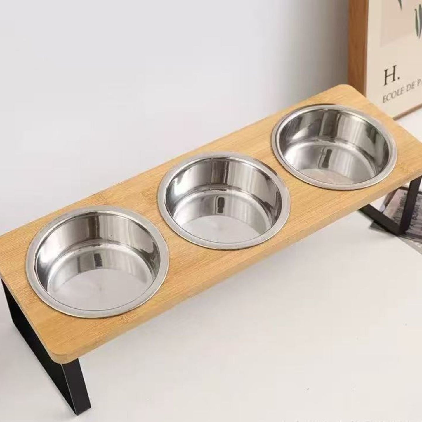 Dog Food Bowl Set with Bamboo Stand and Removable Stainless Steel Dishes