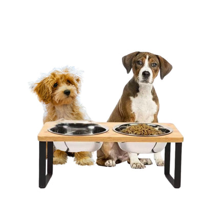 Dog Food Bowl Set with Bamboo Stand and Removable Stainless Steel Dishes