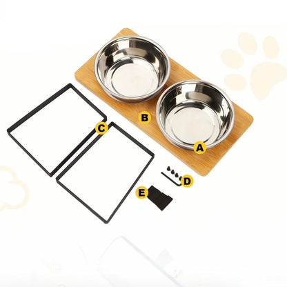 Dog Food Bowl Set with Bamboo Stand and Removable Stainless Steel Dishes