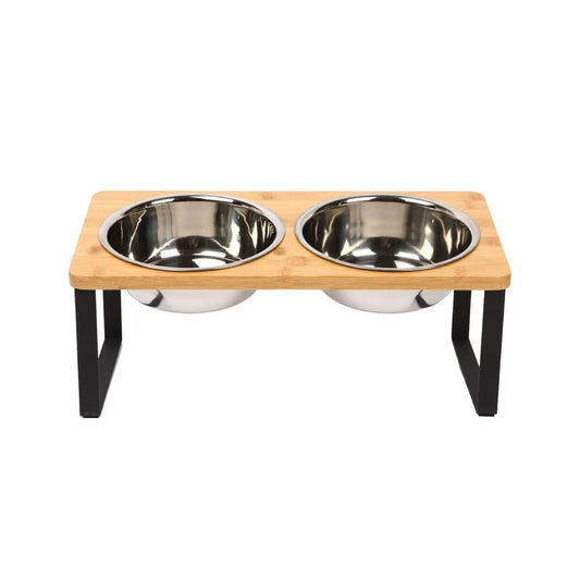 Dog Food Bowl Set with Bamboo Stand and Removable Stainless Steel Dishes