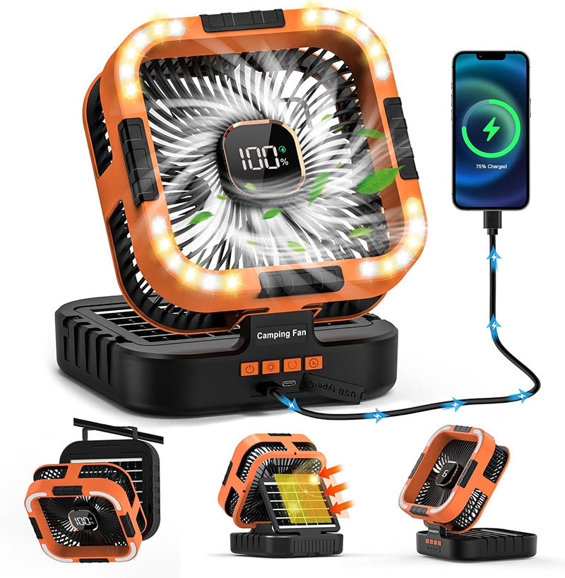 Solar-Powered Camping Fan – 3 Functions in 1 Device