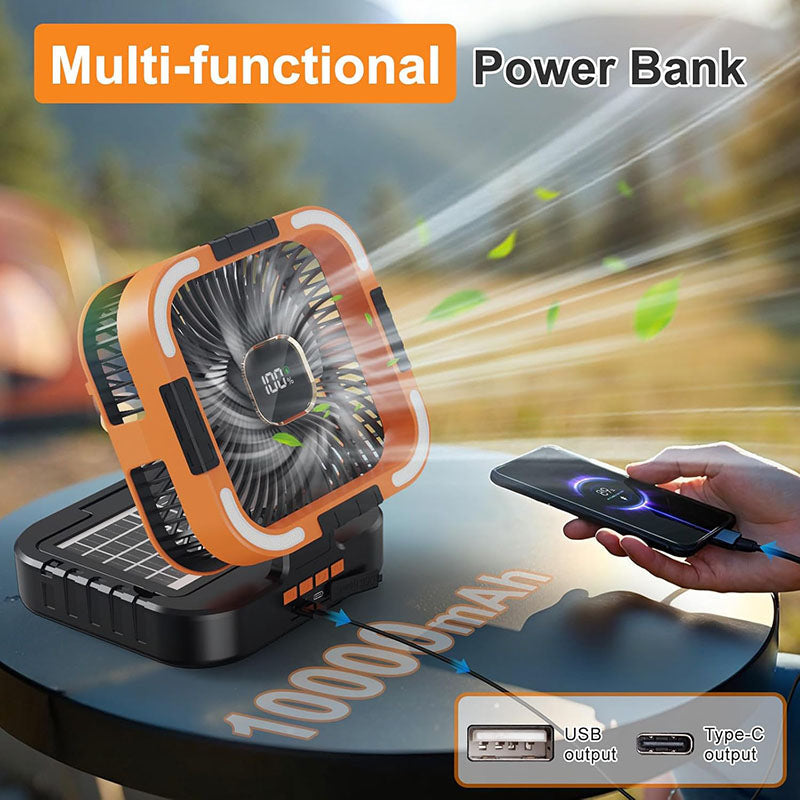 Solar-Powered Camping Fan – 3 Functions in 1 Device